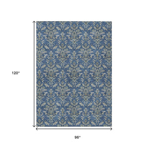 HomeRoots 8' X 10' Navy Blue Damask Area Rug – Stylish, Washable Indoor & Outdoor Solution for High-Traffic Spaces 659417