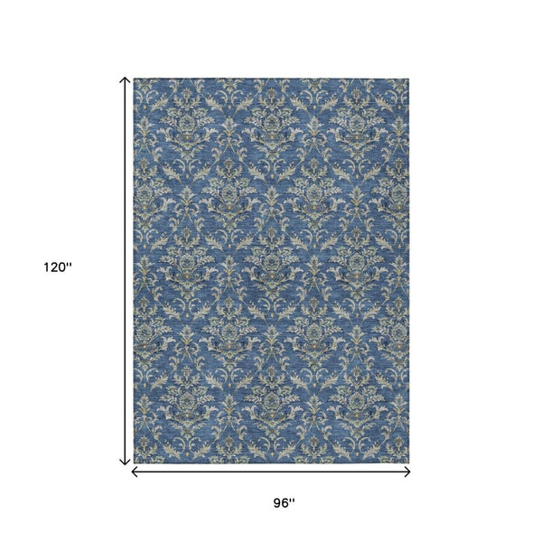 HomeRoots 8' X 10' Navy Blue Damask Area Rug – Stylish, Washable Indoor & Outdoor Solution for High-Traffic Spaces 659417