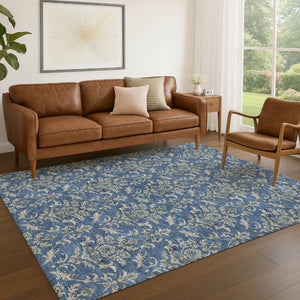 HomeRoots 8' X 10' Navy Blue Damask Area Rug – Stylish, Washable Indoor & Outdoor Solution for High-Traffic Spaces 659417