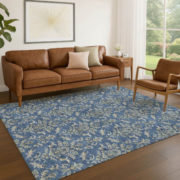 HomeRoots 8' X 10' Navy Blue Damask Area Rug – Stylish, Washable Indoor & Outdoor Solution for High-Traffic Spaces 659417