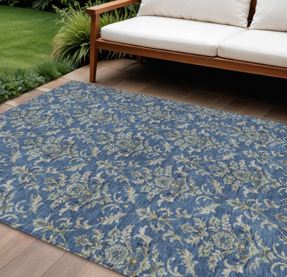HomeRoots 9' X 12' Elegant Navy Blue Damask Area Rug - Durable, Washable & Perfect for Indoor/Outdoor Use! 659418