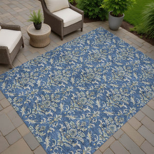 HomeRoots 9' X 12' Elegant Navy Blue Damask Area Rug - Durable, Washable & Perfect for Indoor/Outdoor Use! 659418