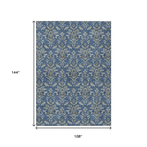 HomeRoots 9' X 12' Elegant Navy Blue Damask Area Rug - Durable, Washable & Perfect for Indoor/Outdoor Use! 659418