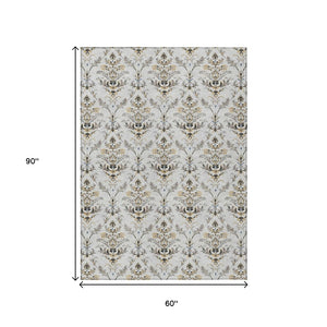 HomeRoots 5' Stylish Silver Blue & Gray Damask Washable Area Rug - Perfect for Indoor & Outdoor Living Spaces! 659421