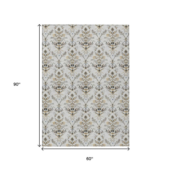 HomeRoots 5' Stylish Silver Blue & Gray Damask Washable Area Rug - Perfect for Indoor & Outdoor Living Spaces! 659421