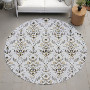 HomeRoots 8' Silver Blue and Gray Round Damask Rug - Durable, Machine Washable for Indoor and Outdoor Elegance 659422