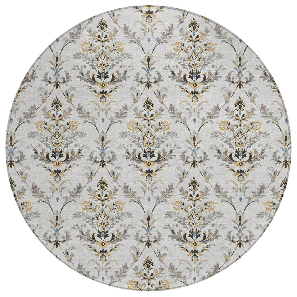 HomeRoots 8' Silver Blue and Gray Round Damask Rug - Durable, Machine Washable for Indoor and Outdoor Elegance 659422