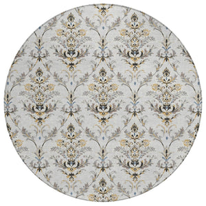 HomeRoots 8' Silver Blue and Gray Round Damask Rug - Durable, Machine Washable for Indoor and Outdoor Elegance 659422