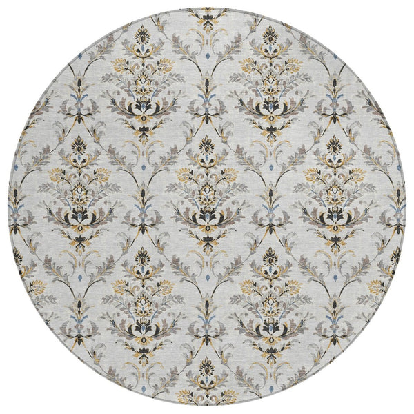HomeRoots 8' Silver Blue and Gray Round Damask Rug - Durable, Machine Washable for Indoor and Outdoor Elegance 659422