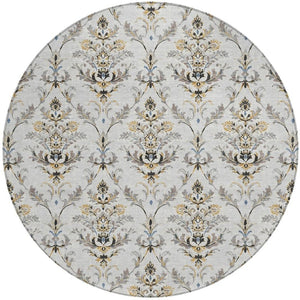 HomeRoots 8' Silver Blue and Gray Round Damask Rug - Durable, Machine Washable for Indoor and Outdoor Elegance 659422
