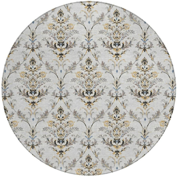 HomeRoots 8' Silver Blue and Gray Round Damask Rug - Durable, Machine Washable for Indoor and Outdoor Elegance 659422