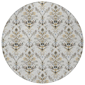 HomeRoots 8' Silver Blue and Gray Round Damask Rug - Durable, Machine Washable for Indoor and Outdoor Elegance 659422
