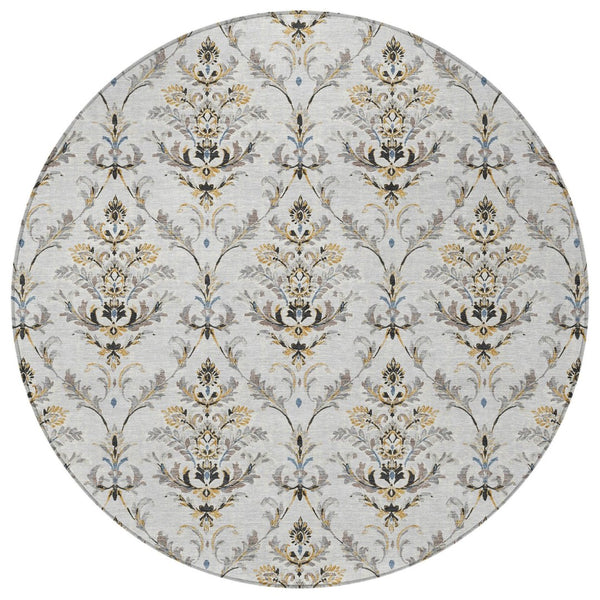 HomeRoots 8' Silver Blue and Gray Round Damask Rug - Durable, Machine Washable for Indoor and Outdoor Elegance 659422