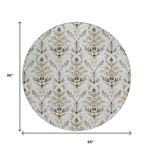 HomeRoots 8' Silver Blue and Gray Round Damask Rug - Durable, Machine Washable for Indoor and Outdoor Elegance 659422