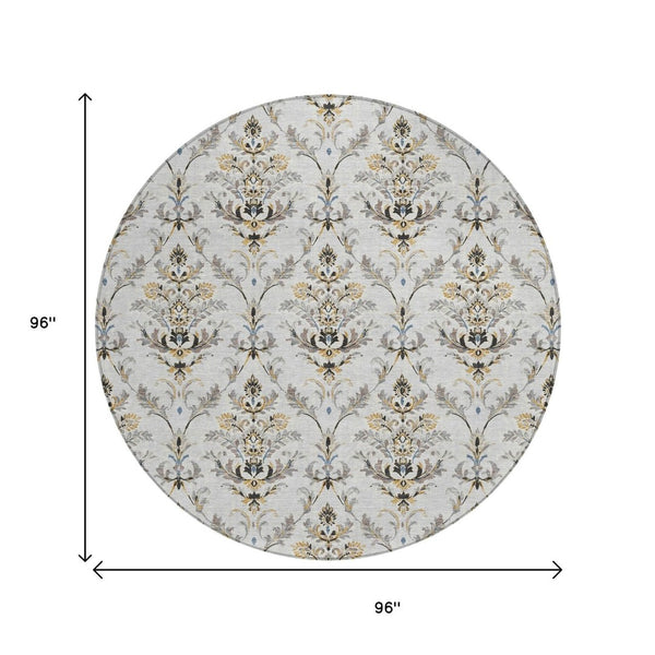 HomeRoots 8' Silver Blue and Gray Round Damask Rug - Durable, Machine Washable for Indoor and Outdoor Elegance 659422