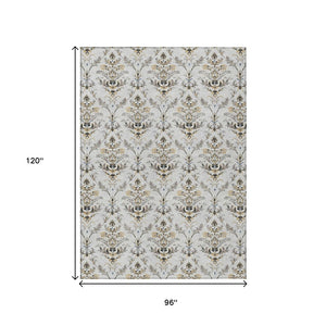 HomeRoots 8' Silver Blue and Gray Damask Washable Area Rug – Elegant Indoor/Outdoor Durable Design for Any Space 659423