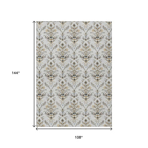 HomeRoots 9' Elegant Silver Blue & Gray Damask Area Rug - Washable Indoor/Outdoor, Stain Resistant & Versatile 659424