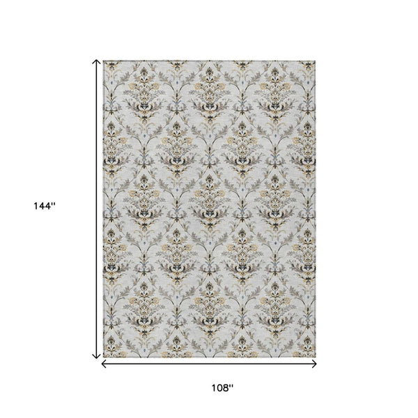 HomeRoots 9' Elegant Silver Blue & Gray Damask Area Rug - Washable Indoor/Outdoor, Stain Resistant & Versatile 659424