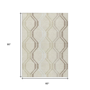 HomeRoots 5' Modern Beige and Brown Geometric Washable Area Rug for Indoor Outdoor Use, Stain Resistant & Durable 659427