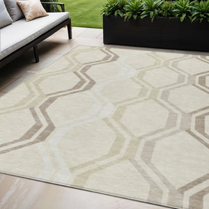 HomeRoots 5' Modern Beige and Brown Geometric Washable Area Rug for Indoor Outdoor Use, Stain Resistant & Durable 659427