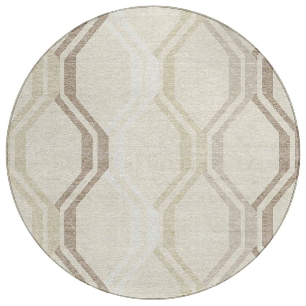 HomeRoots 8' Stylish Beige and Brown Round Geometric Area Rug - Washable, Durable for Indoor & Outdoor Use! 659428
