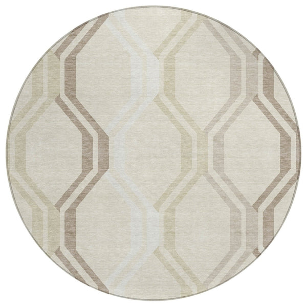 HomeRoots 8' Stylish Beige and Brown Round Geometric Area Rug - Washable, Durable for Indoor & Outdoor Use! 659428
