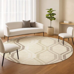 HomeRoots 8' Stylish Beige and Brown Round Geometric Area Rug - Washable, Durable for Indoor & Outdoor Use! 659428