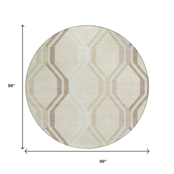 HomeRoots 8' Stylish Beige and Brown Round Geometric Area Rug - Washable, Durable for Indoor & Outdoor Use! 659428