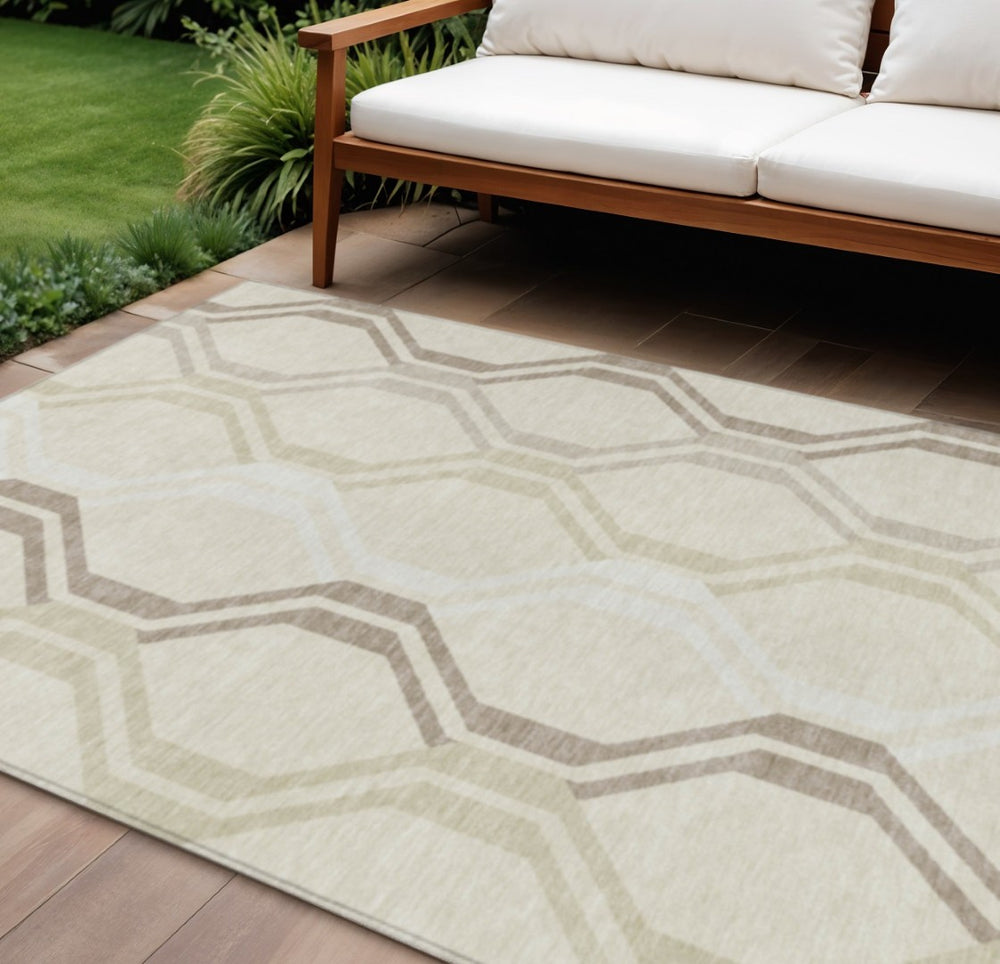 HomeRoots 9' X 12' Beige and Brown Geometric Area Rug - Stylish, Washable, Durable for Indoor & Outdoor Use 659430