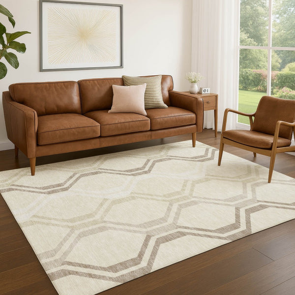 HomeRoots 10' Stylish Beige and Brown Geometric Washable Area Rug for Indoor/Outdoor Spaces - Durable & Easy Care! 659431