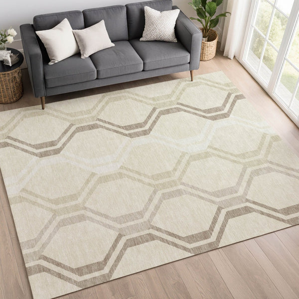 HomeRoots 10' Stylish Beige and Brown Geometric Washable Area Rug for Indoor/Outdoor Spaces - Durable & Easy Care! 659431