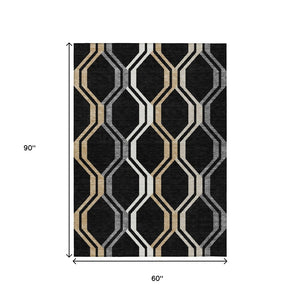 HomeRoots 5' Modern Geometric Washable Area Rug in Black, Beige & Gray - Indoor/Outdoor Durability & Style 659433