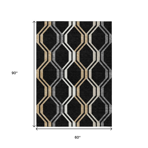 HomeRoots 5' Modern Geometric Washable Area Rug in Black, Beige & Gray - Indoor/Outdoor Durability & Style 659433