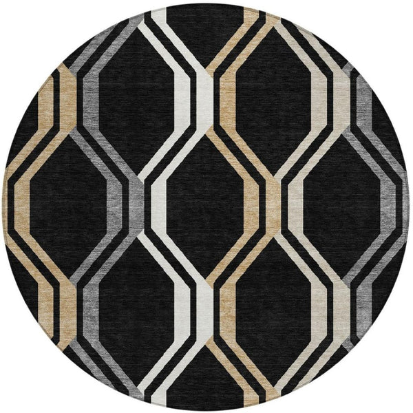 HomeRoots 8' Stylish Black, Beige & Gray Geometric Area Rug - Washable Indoor/Outdoor Design for Versatile Use 659434