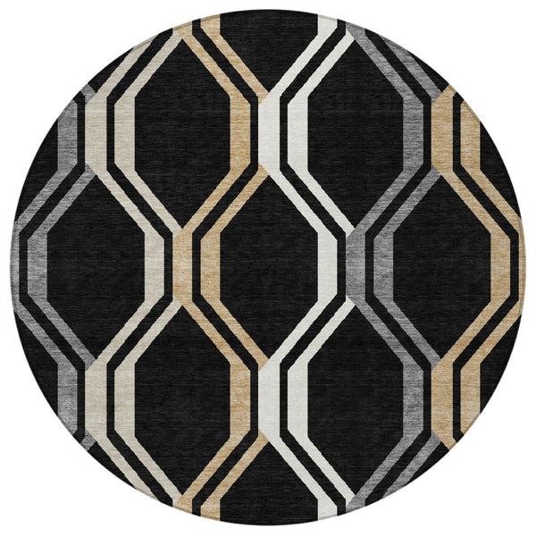 HomeRoots 8' Stylish Black, Beige & Gray Geometric Area Rug - Washable Indoor/Outdoor Design for Versatile Use 659434