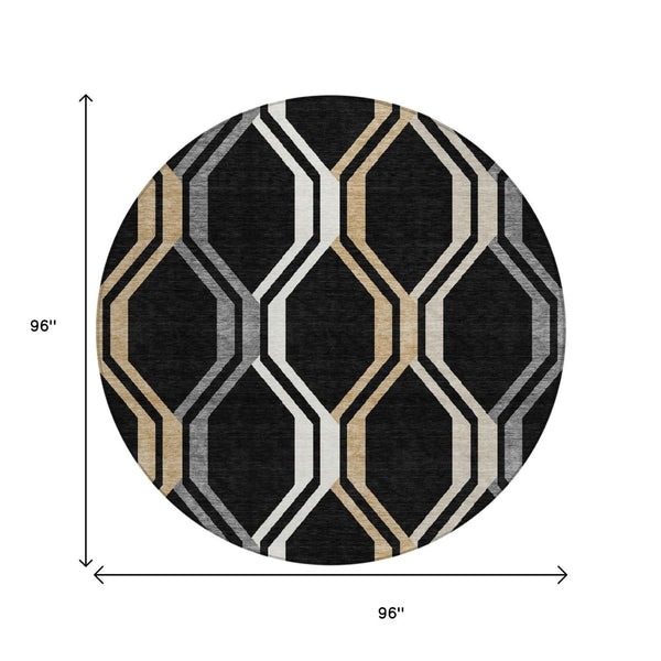 HomeRoots 8' Stylish Black, Beige & Gray Geometric Area Rug - Washable Indoor/Outdoor Design for Versatile Use 659434