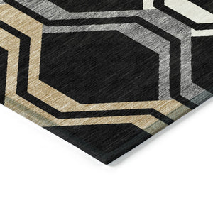 HomeRoots 8' Geometric Washable Area Rug - Stylish Black, Beige & Gray Design for Indoor/Outdoor Use! 659435