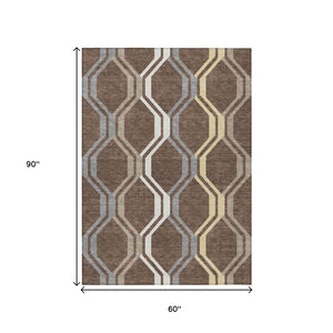 HomeRoots 5' Chocolate Gray and Ivory Geometric Area Rug - Indoor/Outdoor Washable, Durable & Stylish Design 659439