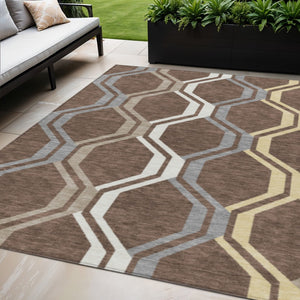 HomeRoots 5' Chocolate Gray and Ivory Geometric Area Rug - Indoor/Outdoor Washable, Durable & Stylish Design 659439