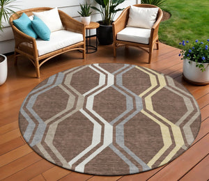 HomeRoots 8' Round Chocolate Gray Ivory Geometric Washable Rug - Durable, Stylish Indoor/Outdoor Decor 659440