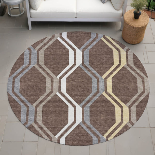 HomeRoots 8' Round Chocolate Gray Ivory Geometric Washable Rug - Durable, Stylish Indoor/Outdoor Decor 659440
