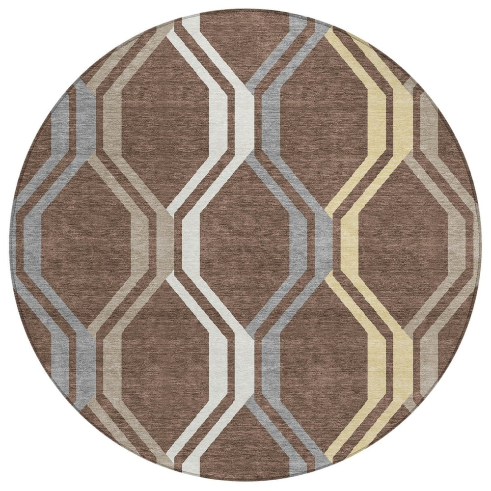 HomeRoots 8' Round Chocolate Gray Ivory Geometric Washable Rug - Durable, Stylish Indoor/Outdoor Decor 659440
