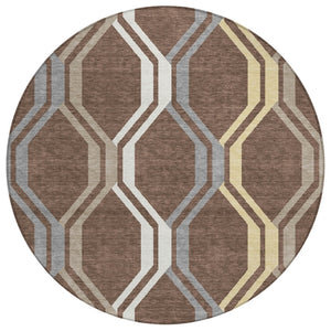 HomeRoots 8' Round Chocolate Gray Ivory Geometric Washable Rug - Durable, Stylish Indoor/Outdoor Decor 659440