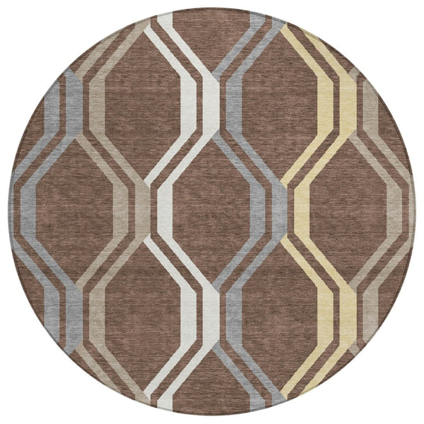 HomeRoots 8' Round Chocolate Gray Ivory Geometric Washable Rug - Durable, Stylish Indoor/Outdoor Decor 659440