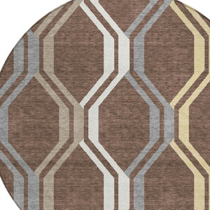 HomeRoots 8' Round Chocolate Gray Ivory Geometric Washable Rug - Durable, Stylish Indoor/Outdoor Decor 659440