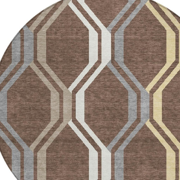 HomeRoots 8' Round Chocolate Gray Ivory Geometric Washable Rug - Durable, Stylish Indoor/Outdoor Decor 659440