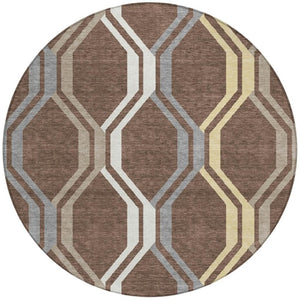HomeRoots 8' Round Chocolate Gray Ivory Geometric Washable Rug - Durable, Stylish Indoor/Outdoor Decor 659440