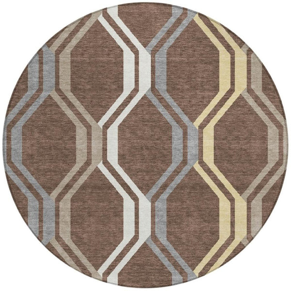 HomeRoots 8' Round Chocolate Gray Ivory Geometric Washable Rug - Durable, Stylish Indoor/Outdoor Decor 659440