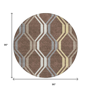 HomeRoots 8' Round Chocolate Gray Ivory Geometric Washable Rug - Durable, Stylish Indoor/Outdoor Decor 659440