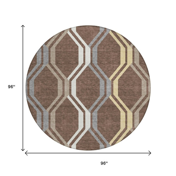 HomeRoots 8' Round Chocolate Gray Ivory Geometric Washable Rug - Durable, Stylish Indoor/Outdoor Decor 659440